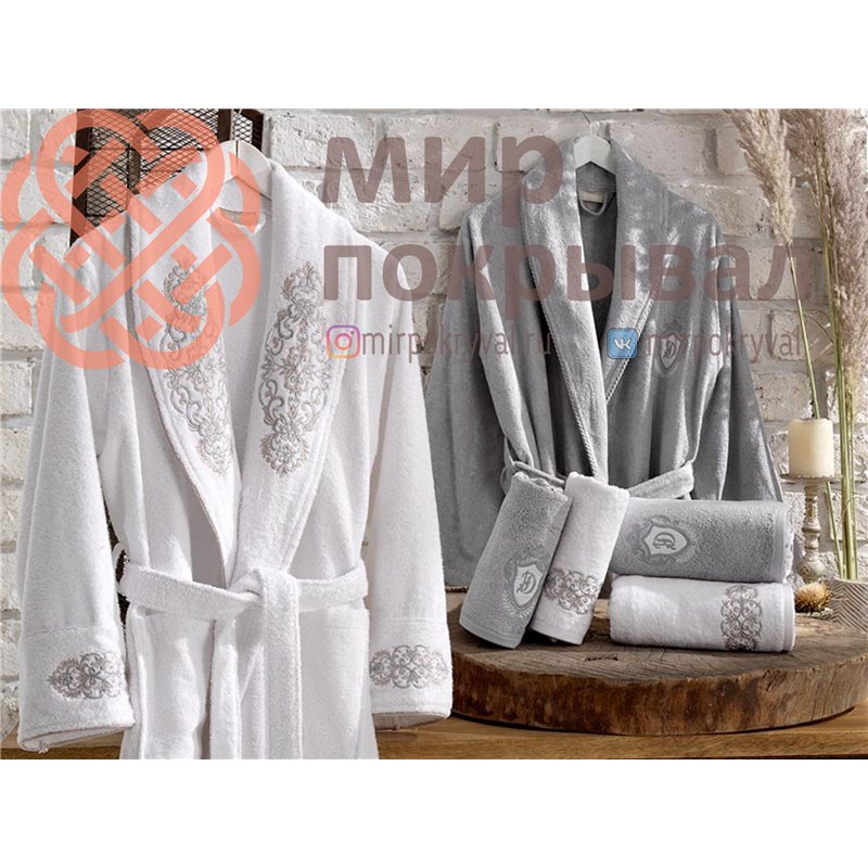 Merlin Beyaz-Gri Bambu Bornoz Set