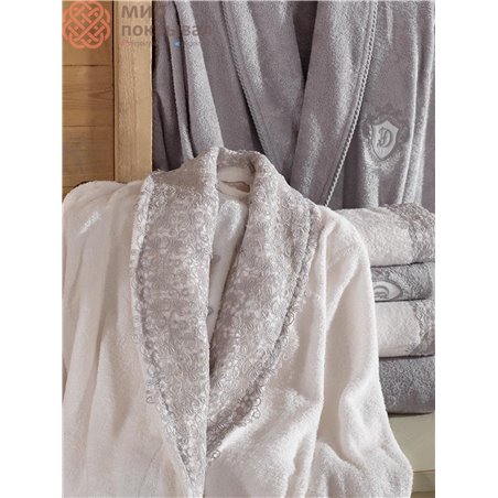 Lidya Krem-Gri Bambu Bornoz Set