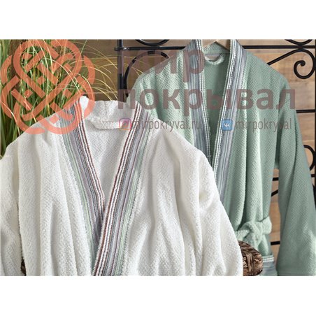 Harmony Krem-Yesil  Pamuklu Bornoz Set