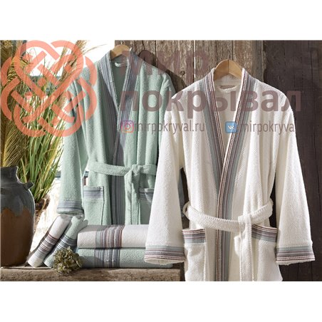 Harmony Krem-Yesil  Pamuklu Bornoz Set