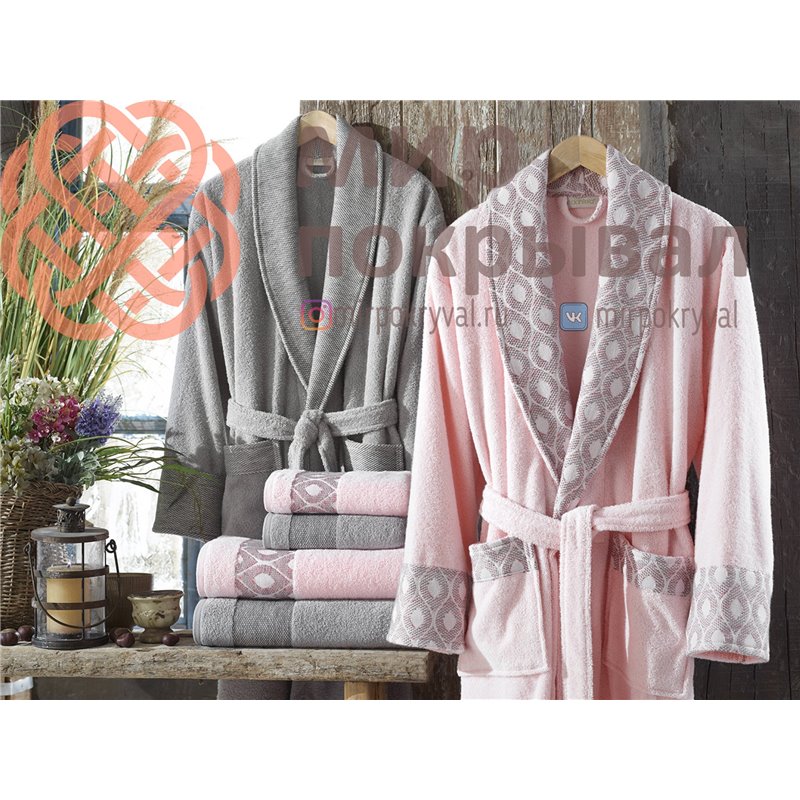 Aria Pembe-Gri  Pamuklu Bornoz Set