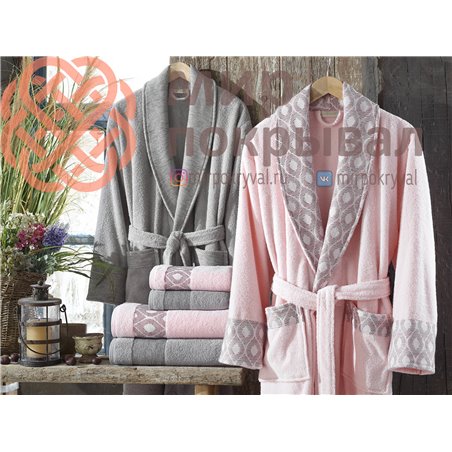 Aria Pembe-Gri  Pamuklu Bornoz Set
