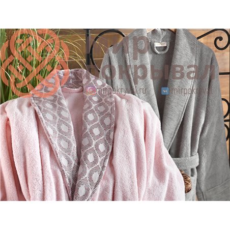 Aria Pembe-Gri  Pamuklu Bornoz Set