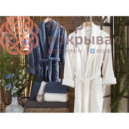 Melania Krem-Lacivert Pamuklu Bornoz Set