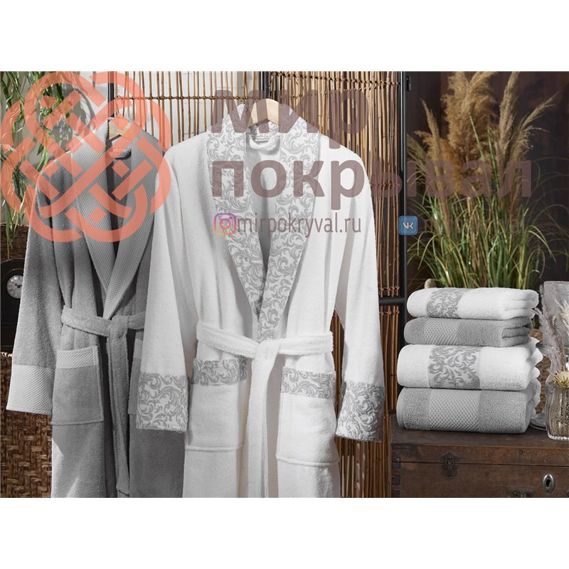 Victoria Krem-Gri Pamuklu Bornoz Set