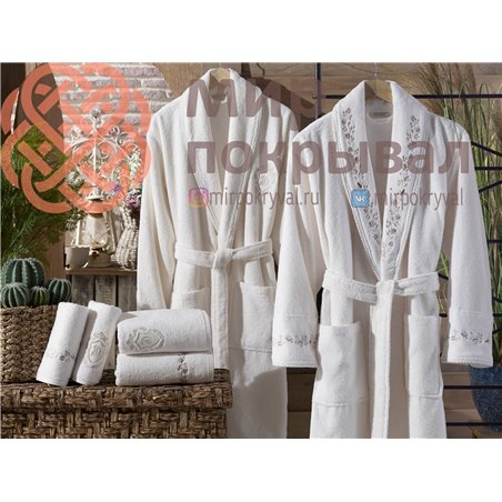 Peri Krem-Krem Pamuklu Bornoz Set
