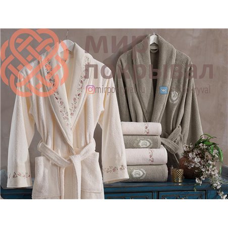 Peri Krem-Bej Pamuklu Bornoz Set