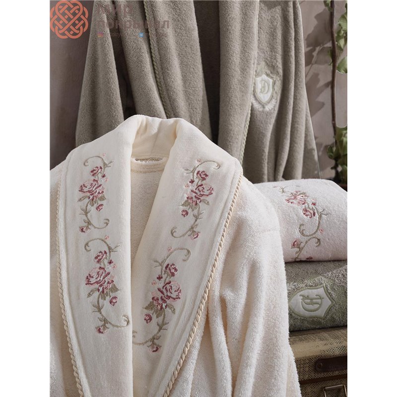 Gardenya Krem-Bej Pamuklu Bornoz Set