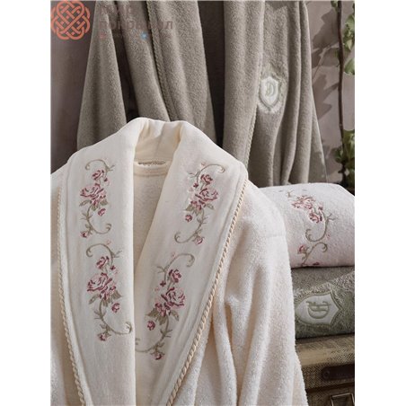 Gardenya Krem-Bej Pamuklu Bornoz Set