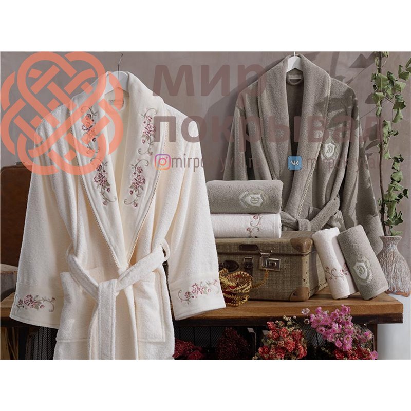 Gardenya Krem-Bej Pamuklu Bornoz Set