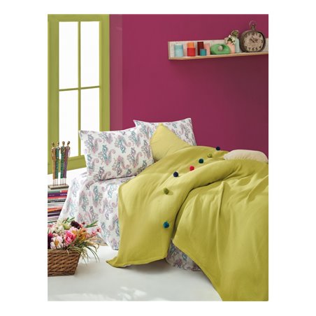 КПБ Cotton Box Ponponlu Tek Kiilik Pike Seti Fancy Yeil