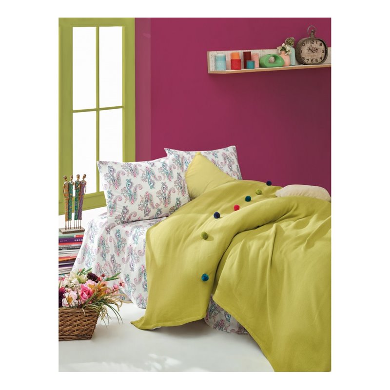 КПБ Cotton Box Ponponlu Tek Kiilik Pike Seti Fancy Yeil